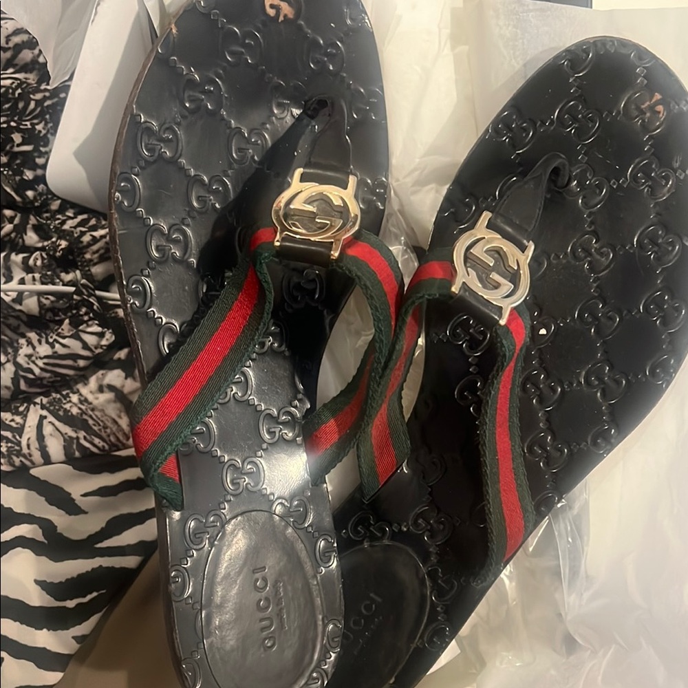 Gucci Black Sandals with Red and Green Straps